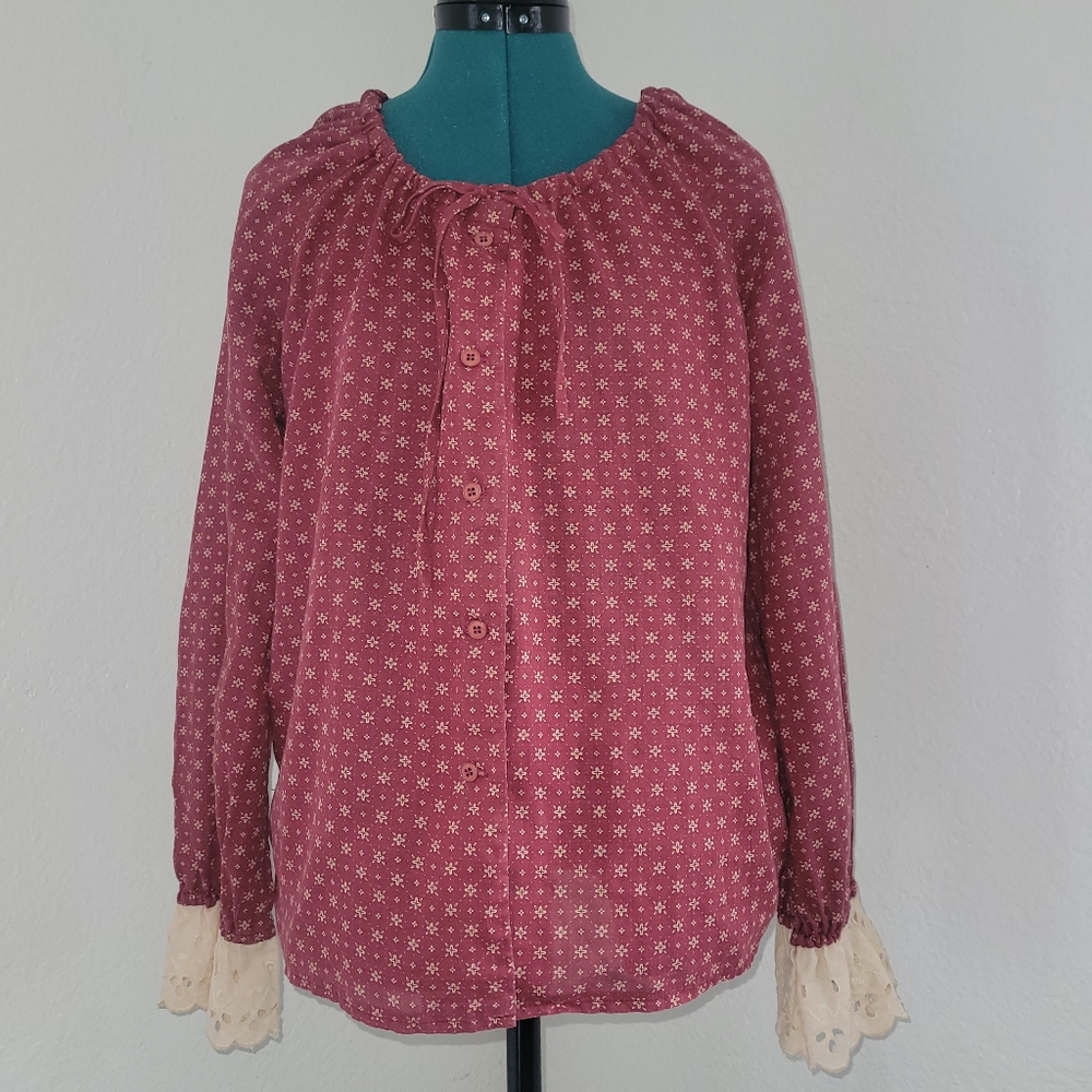 3/$20 Vintage Four Seasons Peasant  Floral Long-Sleeve Elastic Tie Neck Lace Md